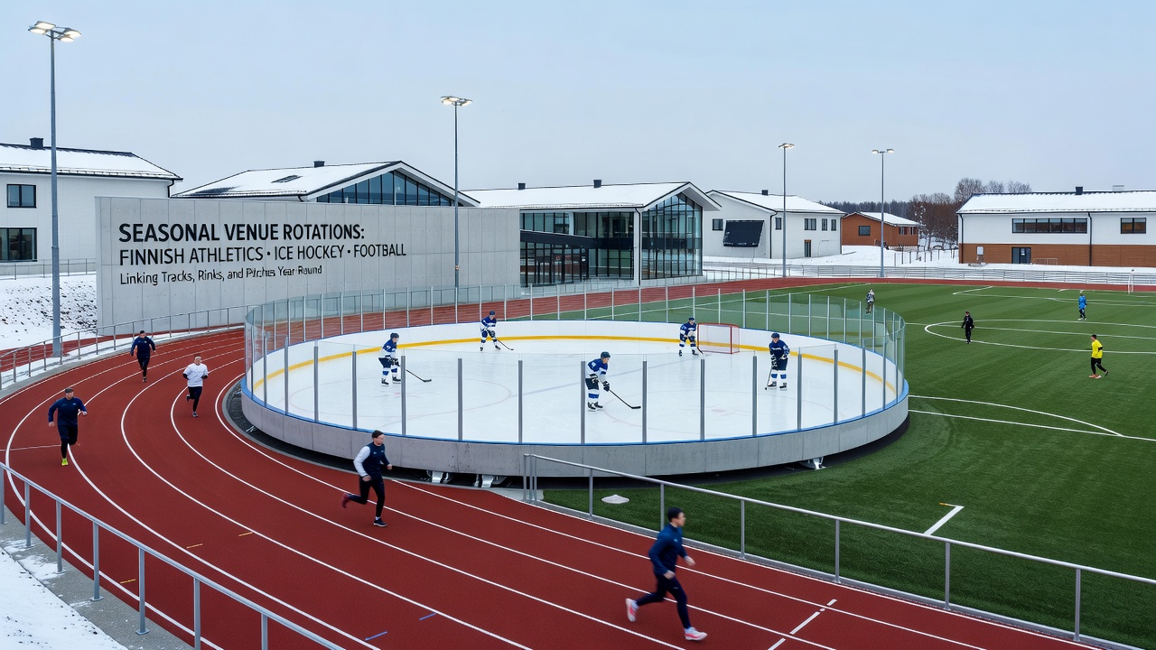 Interior view of an ice hockey arena converted from an athletics track in a Finnish town with football pitch markings visible on adjacent outdoor fields